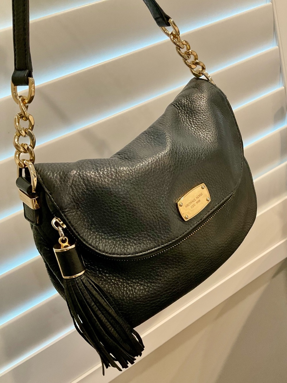 Michael Kors Black Pebbled Leather Shoulder Bag /Hobo with Gold Chain Accents